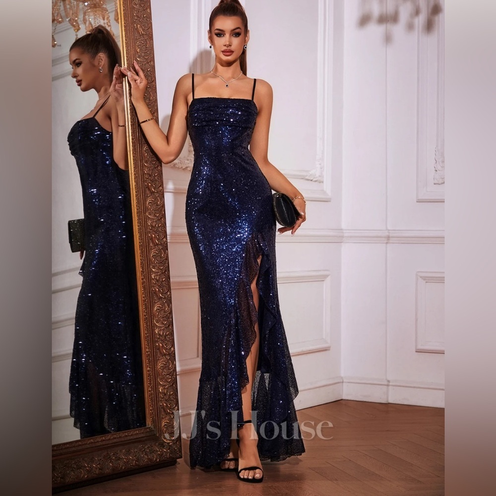 NWT-JJ’s House Ruffle Square Trumpet/Mermaid Sequin Navy Blue Maxi Dress #415924